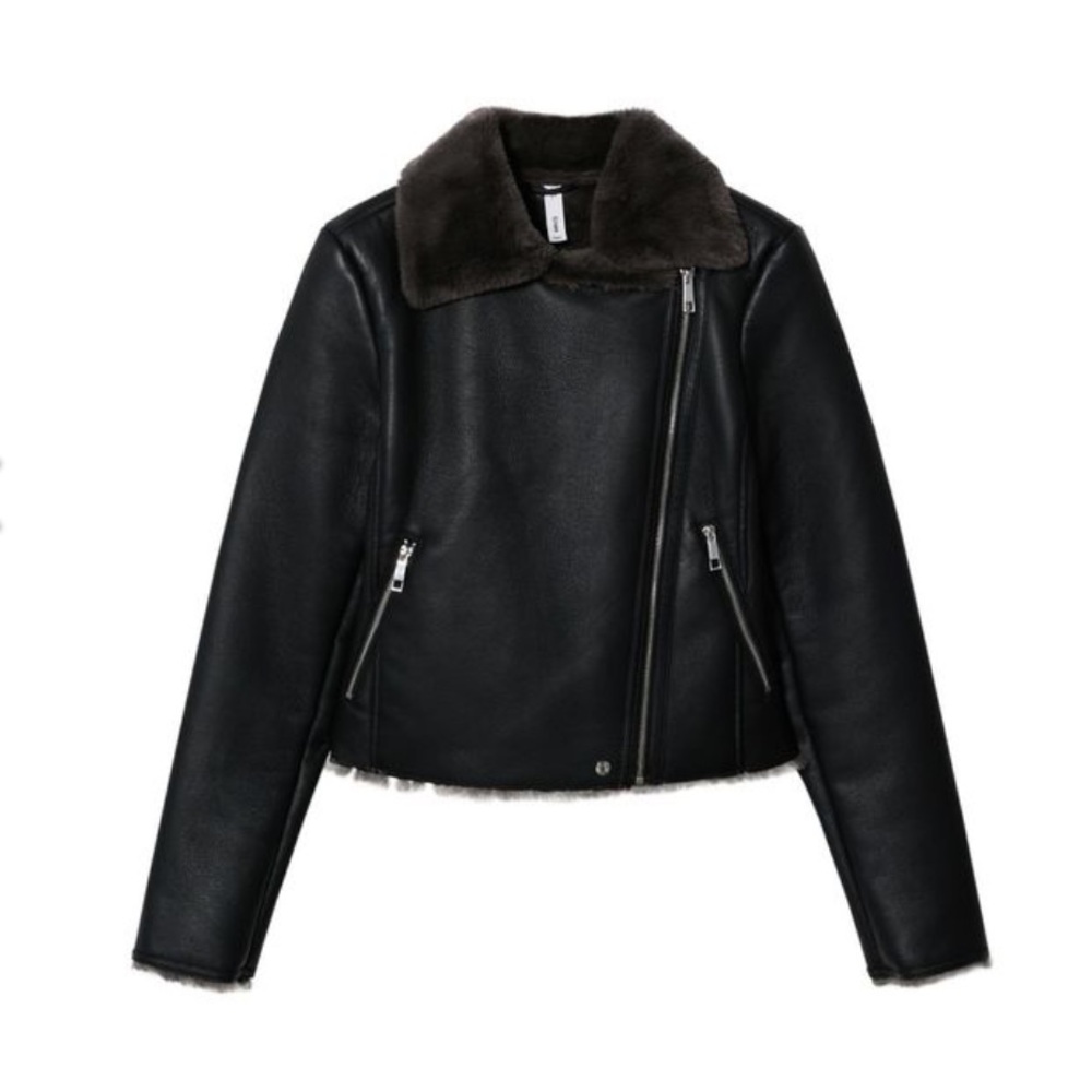 Mango Faux Leather Shearling Bomber Jacket